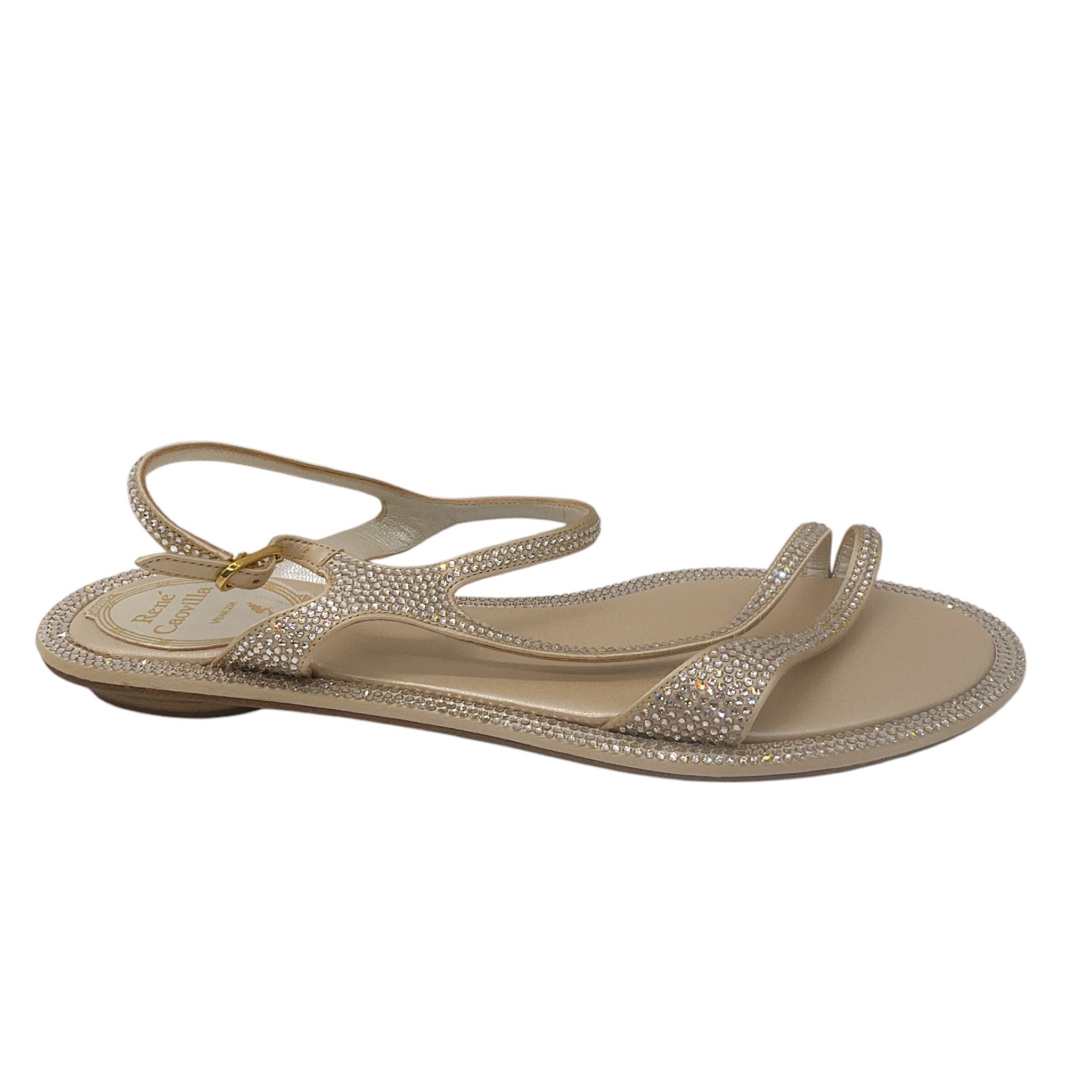 Rene Caovilla Champagne Metallic Crystal Embellished Ankle Strap Flat Sandals