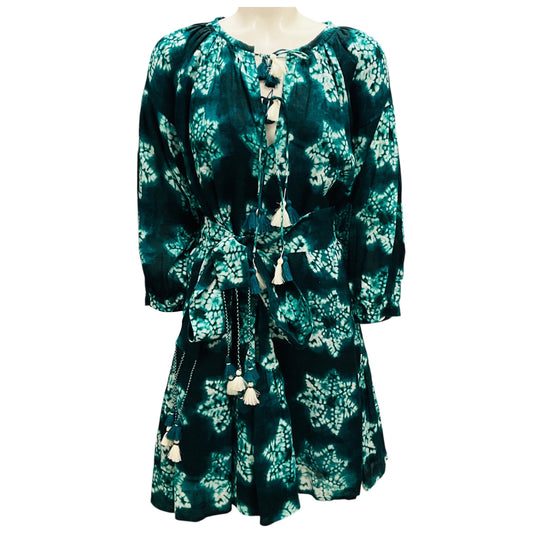 Samantha Sung Jade Shibori Star Linen 3/4 Puff Sleeve Crew Neck Mini Birdy Dress