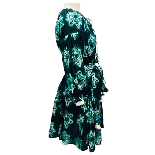 Samantha Sung Jade Shibori Star Linen 3/4 Puff Sleeve Crew Neck Mini Birdy Dress