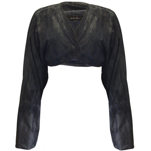 Urban Zen Navy Blue Cropped Long Sleeved Lambskin Suede Leather Jacket
