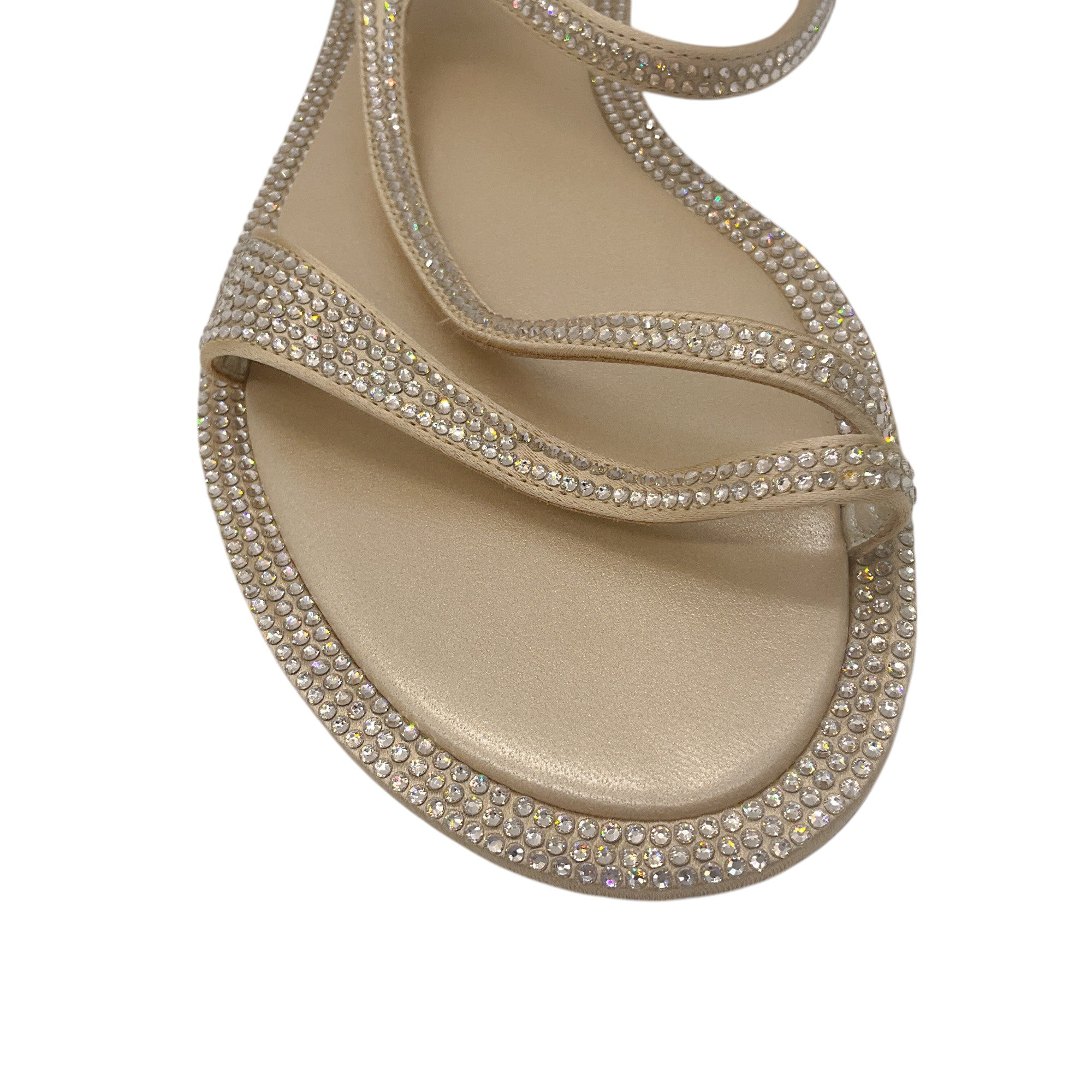 Rene Caovilla Champagne Metallic Crystal Embellished Ankle Strap Flat Sandals