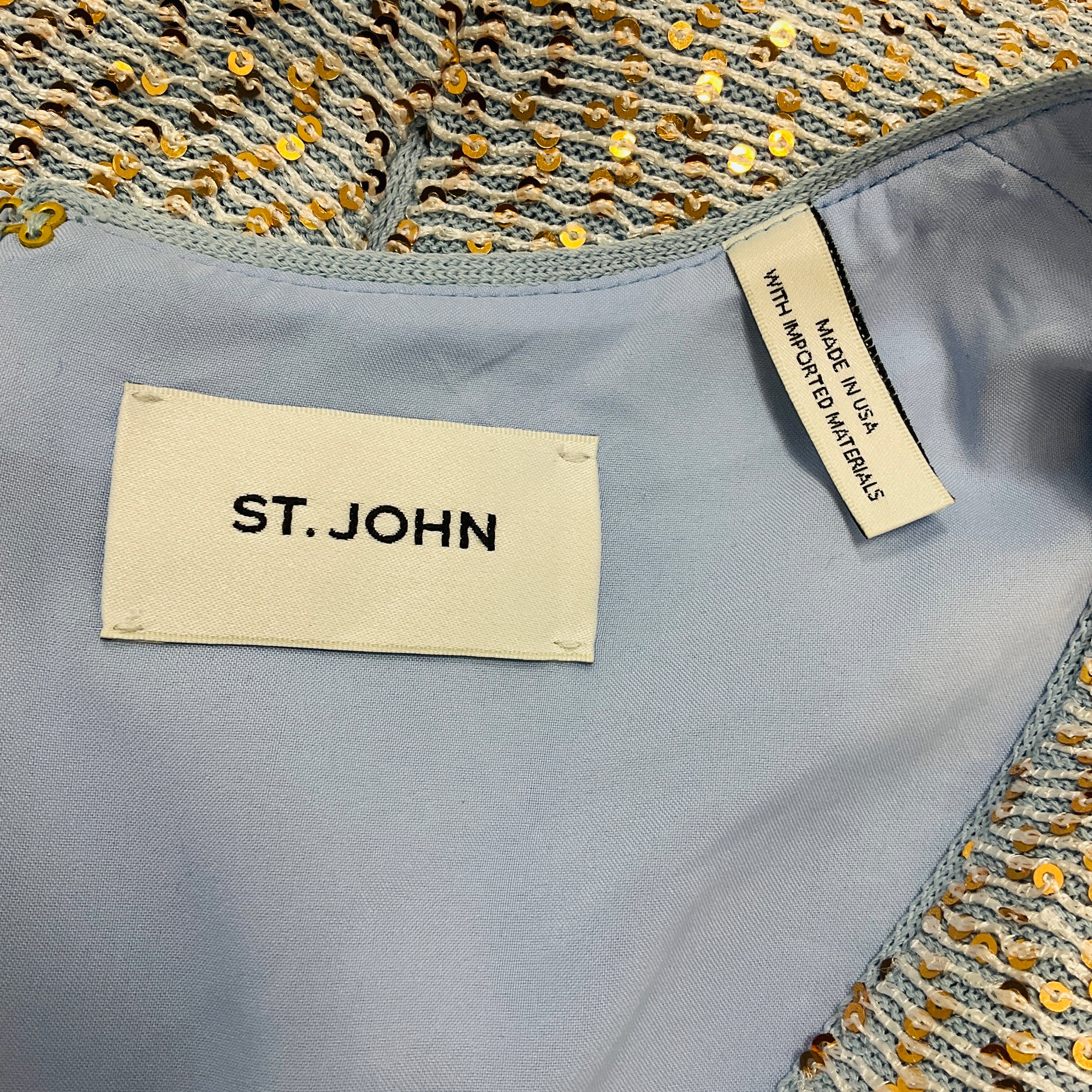 St. John Light Blue / Rose Gold Metallic Sequined Knit Gown / Maxi Dress