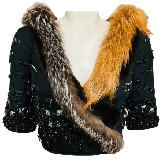 Prada Black Limited Edition Bead Embellished Cropped Wool and Silk Jacket with Mink Fur and Fox Fur