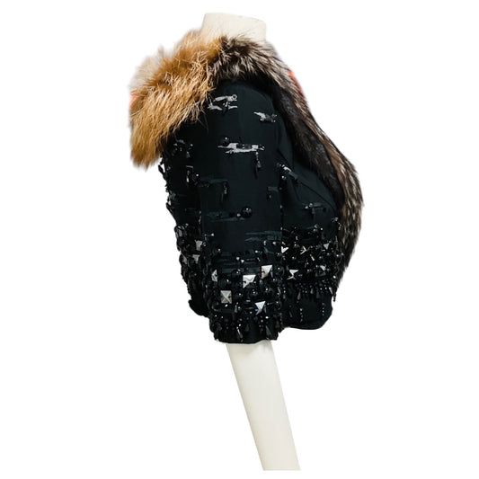 Prada Black Limited Edition Bead Embellished Cropped Wool and Silk Jacket with Mink Fur and Fox Fur