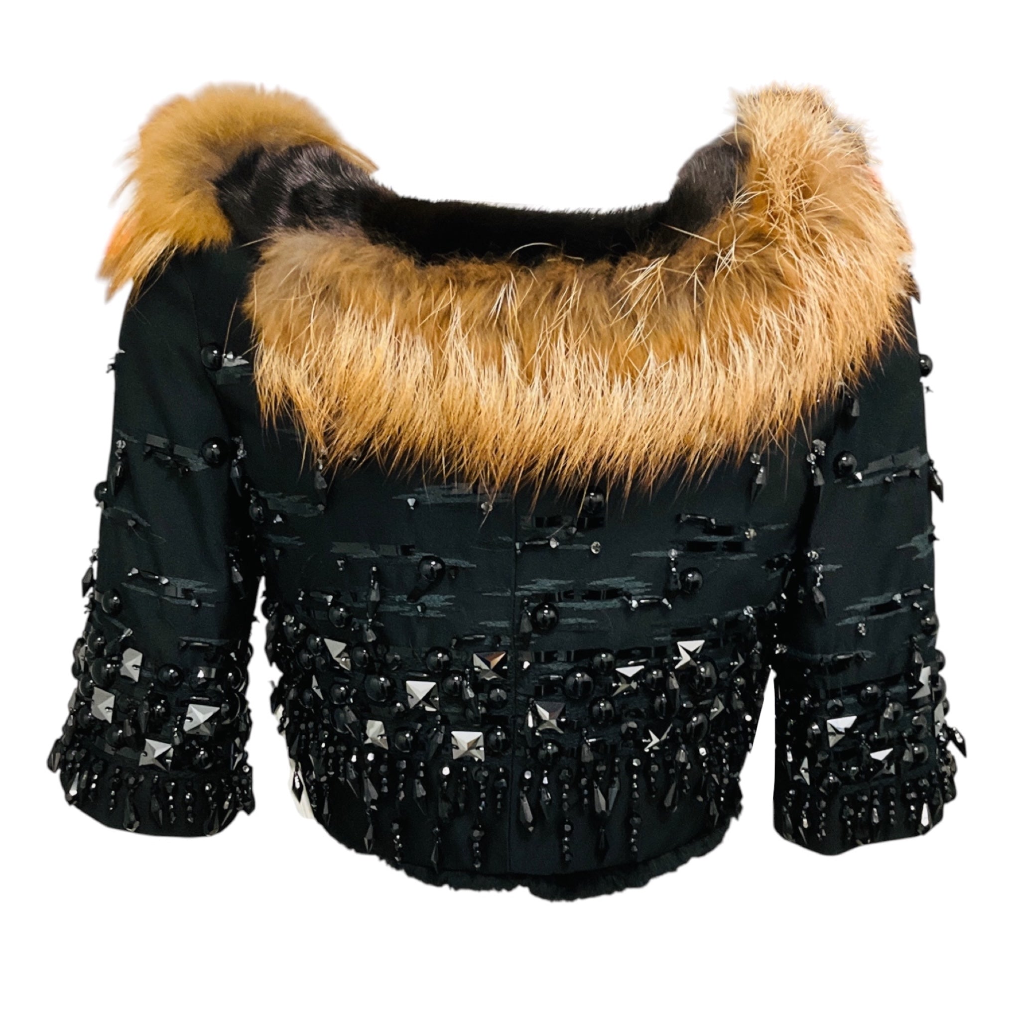 Prada Black Limited Edition Bead Embellished Cropped Wool and Silk Jacket with Mink Fur and Fox Fur
