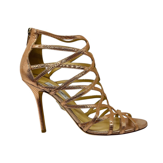 Jimmy Choo Rose Gold Metallic Fiesta Lizard Print Caged Sandals
