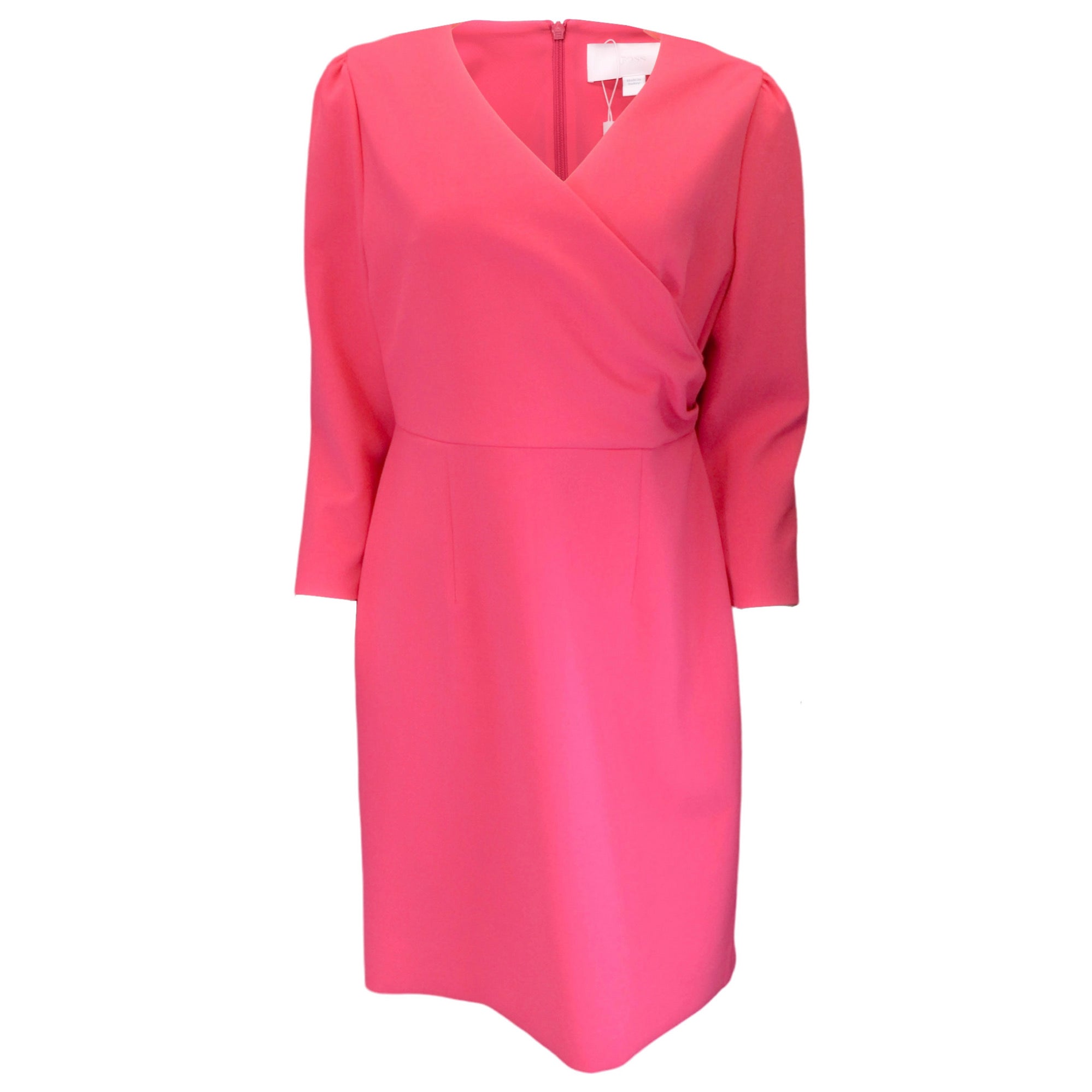 Hugo Boss Bright Pink Daraya Long Sleeved V-Neck Faux Wrap Dress