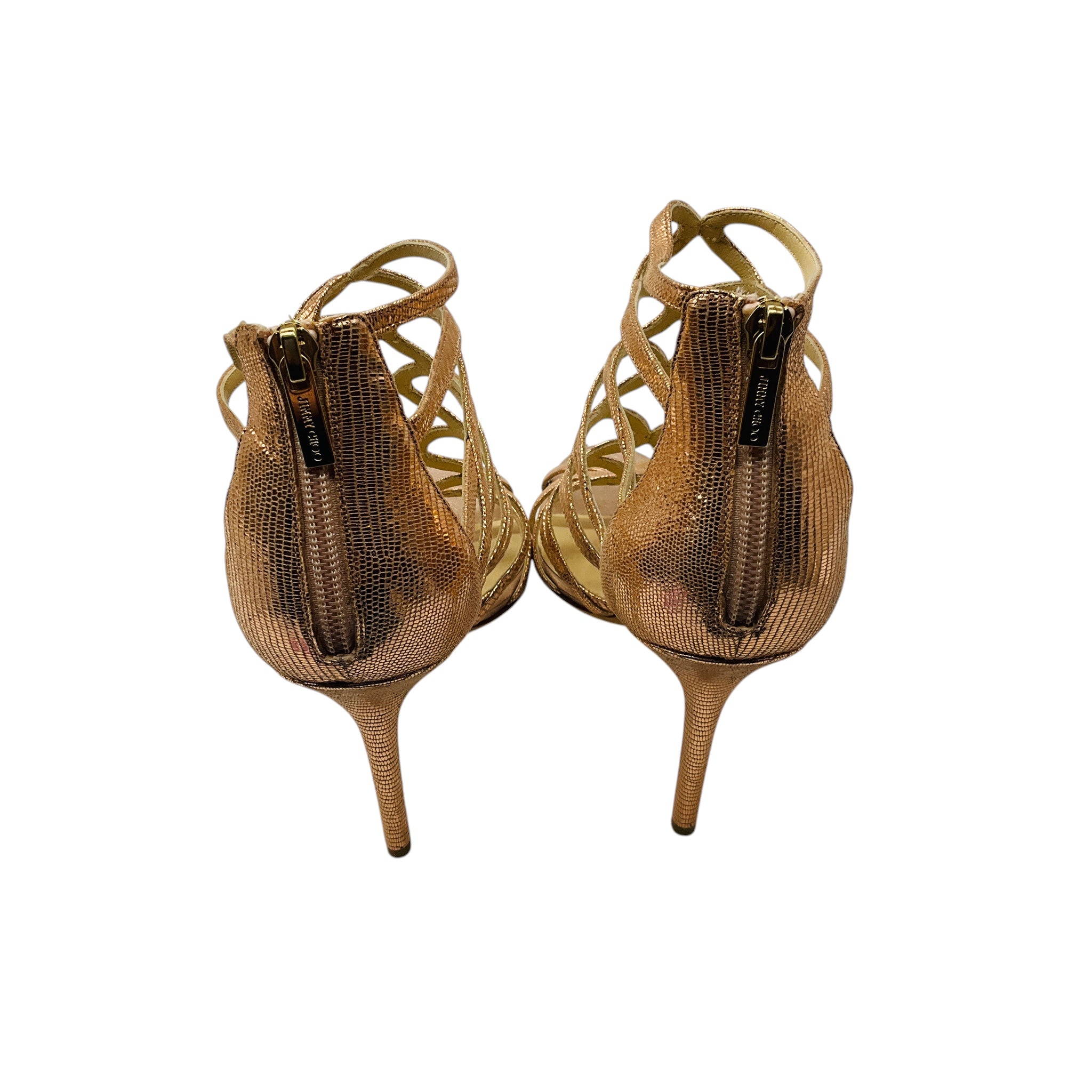 Jimmy Choo Rose Gold Metallic Fiesta Lizard Print Caged Sandals