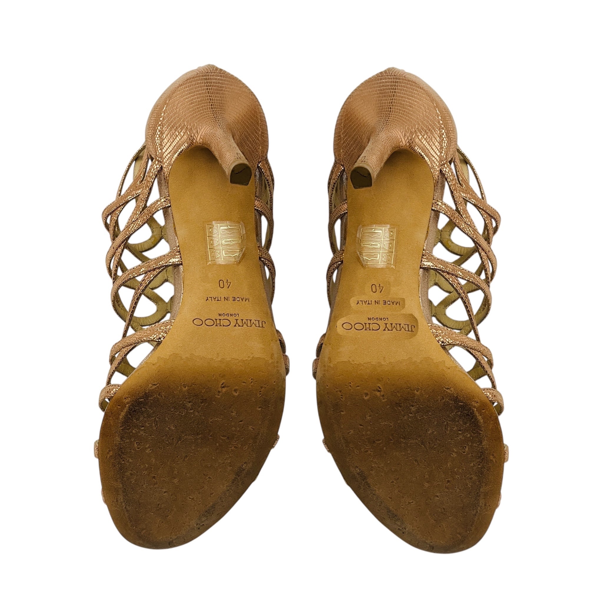 Jimmy Choo Rose Gold Metallic Fiesta Lizard Print Caged Sandals