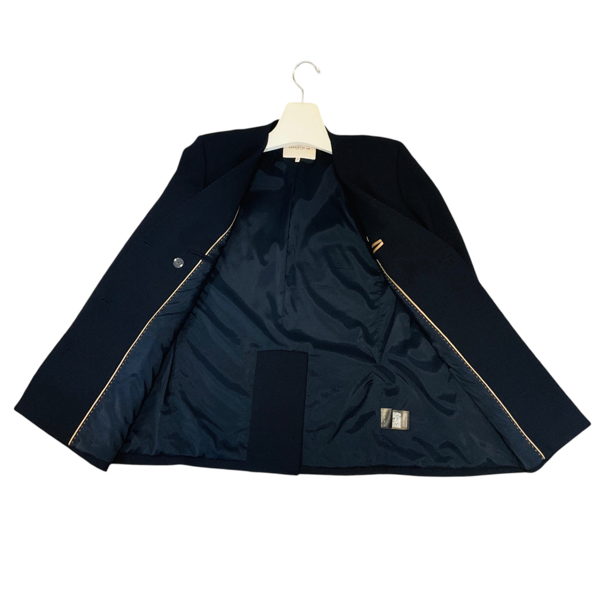 Lafayette 148 New York Navy Blue Double Breasted Collarless Wool Stretch Jacket with Gold Buttons