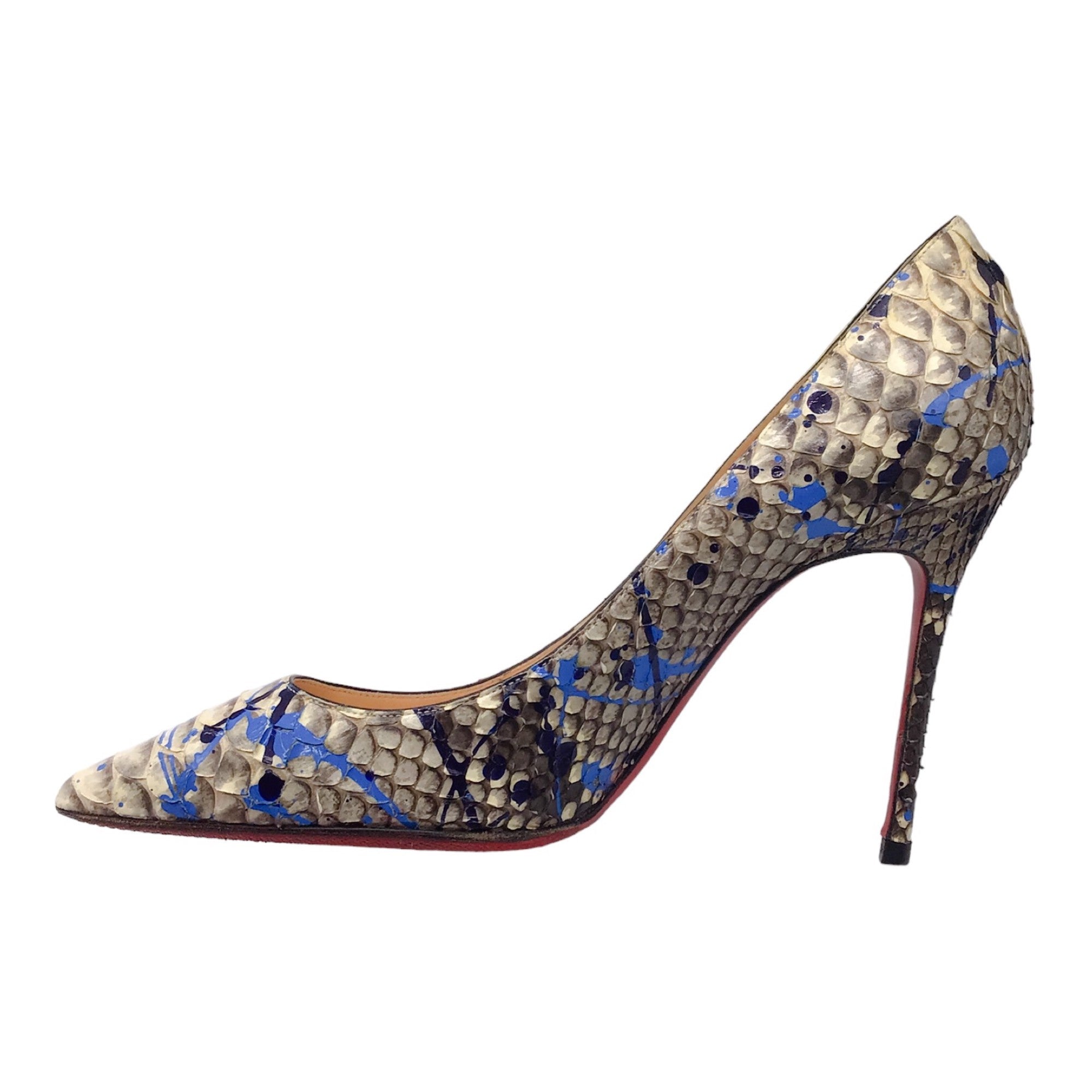 Christian Louboutin Ivory / Blue / Navy Paint Splatter Python Skin Leather High Heeled Pointed Toe Pumps