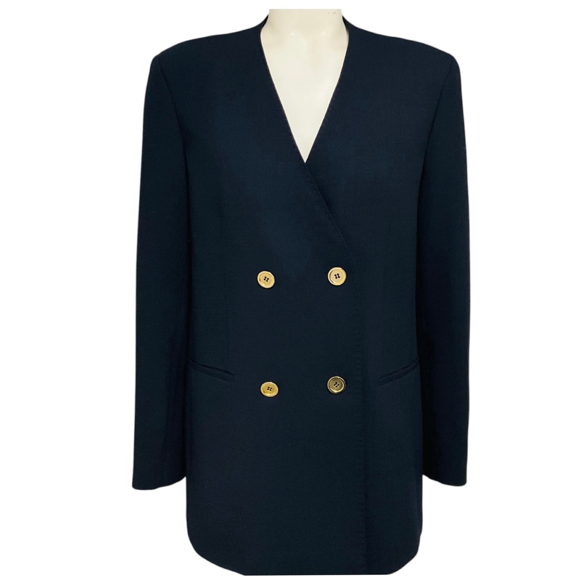 Lafayette 148 New York Navy Blue Double Breasted Collarless Wool Stretch Jacket with Gold Buttons
