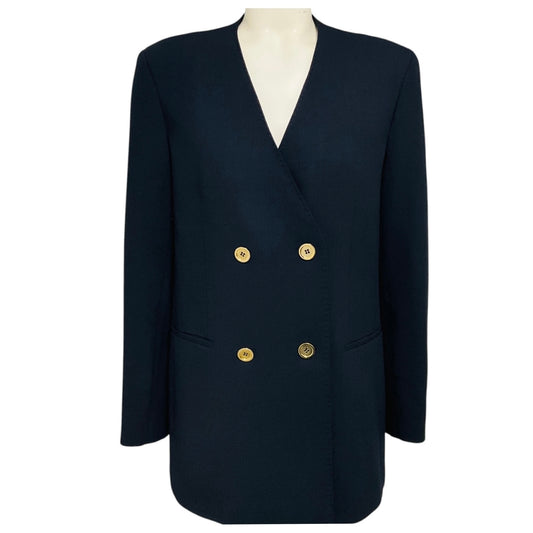 Lafayette 148 New York Navy Blue Double Breasted Collarless Wool Stretch Jacket with Gold Buttons
