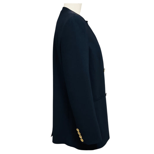 Lafayette 148 New York Navy Blue Double Breasted Collarless Wool Stretch Jacket with Gold Buttons