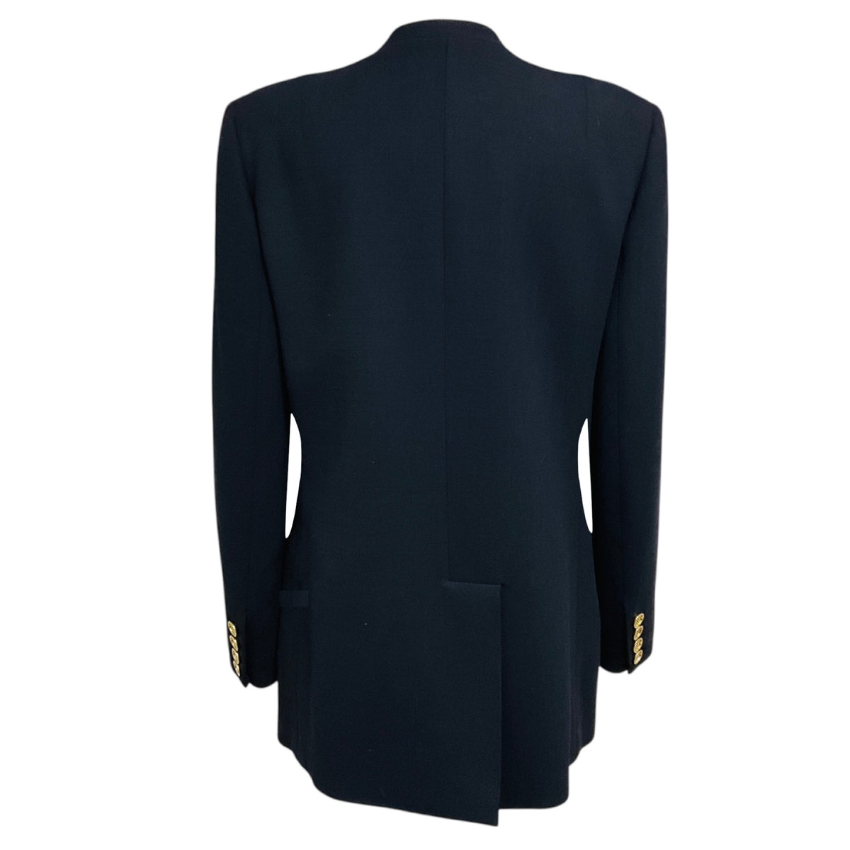Lafayette 148 New York Navy Blue Double Breasted Collarless Wool Stretch Jacket with Gold Buttons