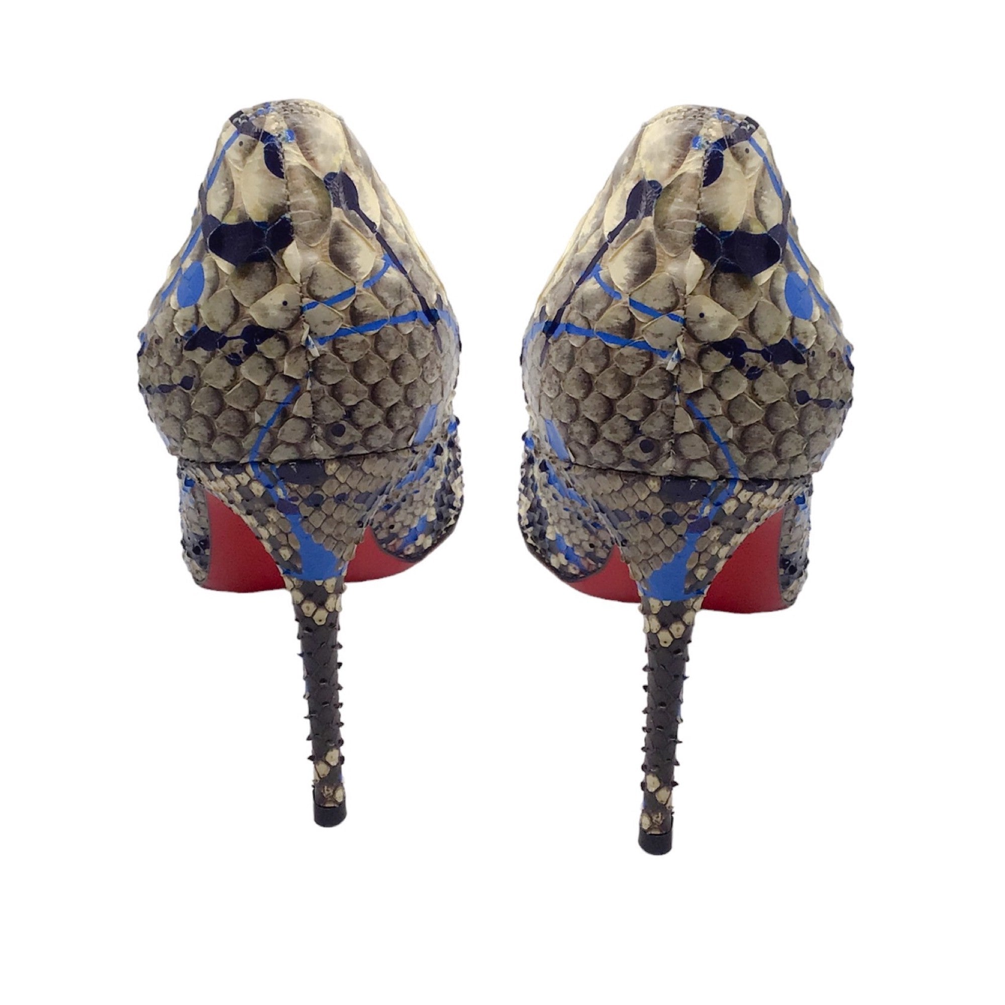 Christian Louboutin Ivory / Blue / Navy Paint Splatter Python Skin Leather High Heeled Pointed Toe Pumps