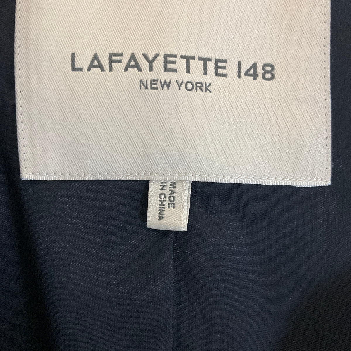 Lafayette 148 New York Navy Blue Double Breasted Collarless Wool Stretch Jacket with Gold Buttons