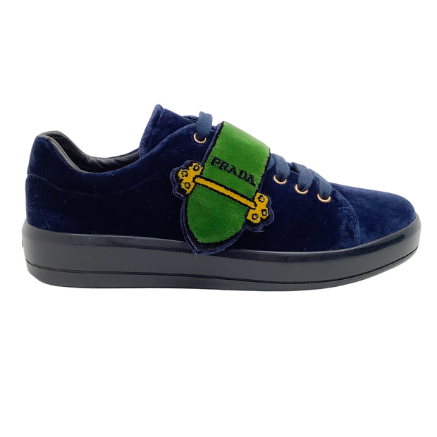 Prada Navy Blue / Green Velvet Cahier Velcro Sneakers