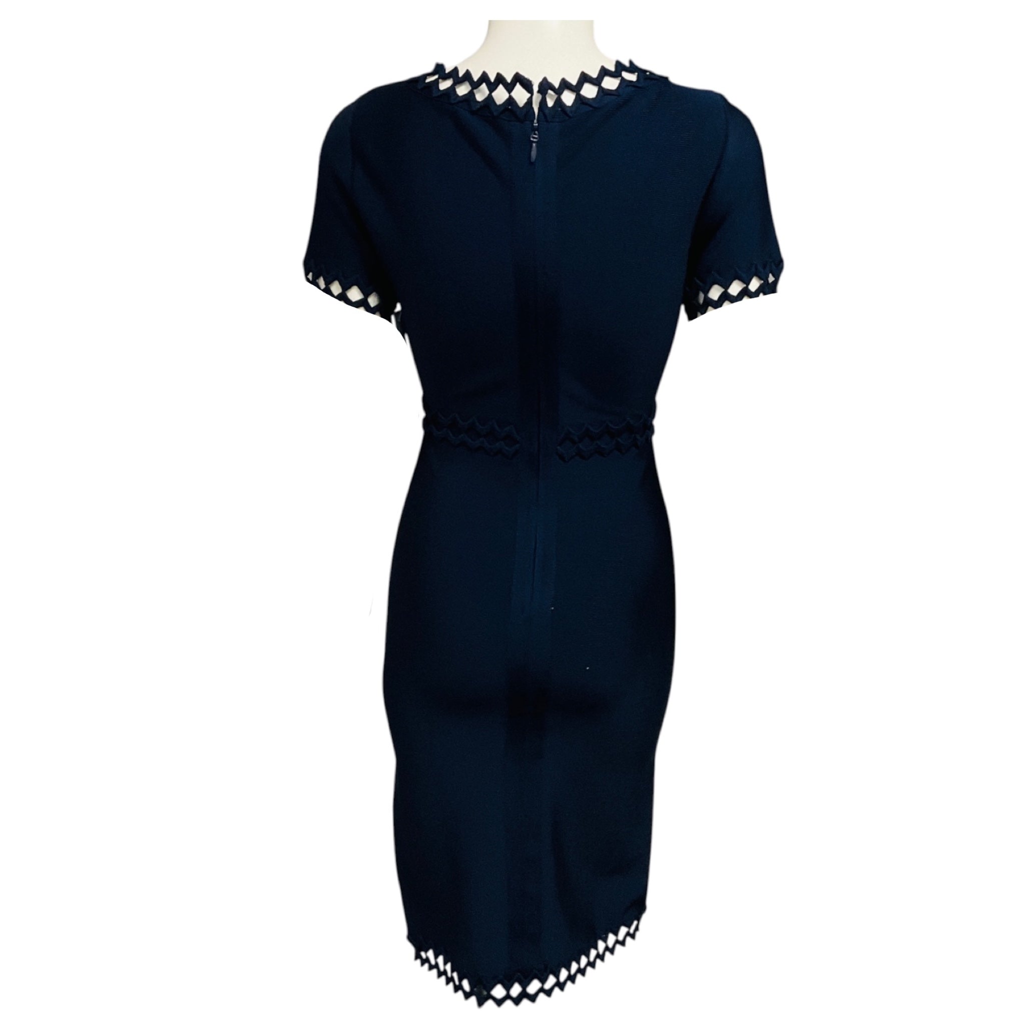 Herve Leger Pacific Blue Ariana Bandage Knit Dress with Zig Zag Cut Out Trim