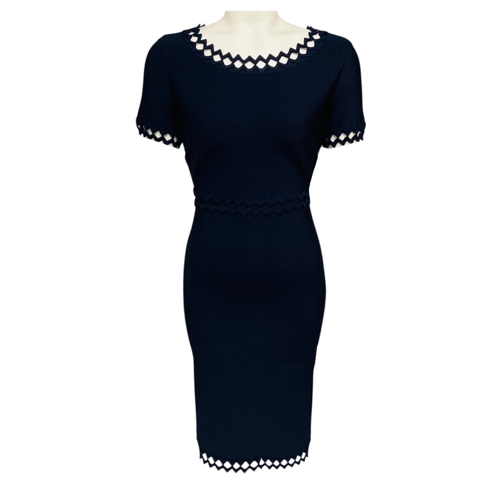 Herve Leger Pacific Blue Ariana Bandage Knit Dress with Zig Zag Cut Out Trim