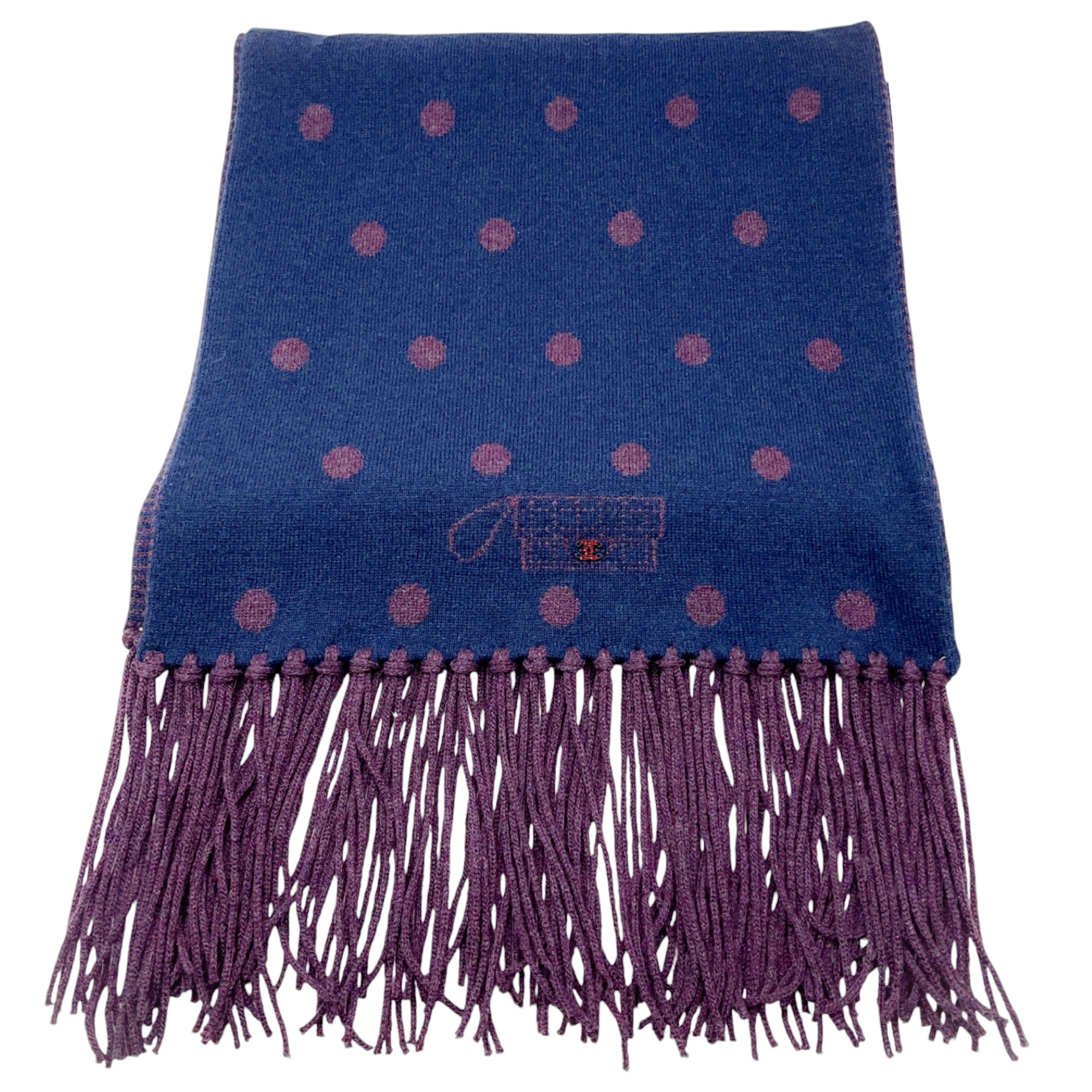 Chanel Blue / Purple 2008 Crystal CC Dot Pattern Fringe Cashmere Knit Scarf