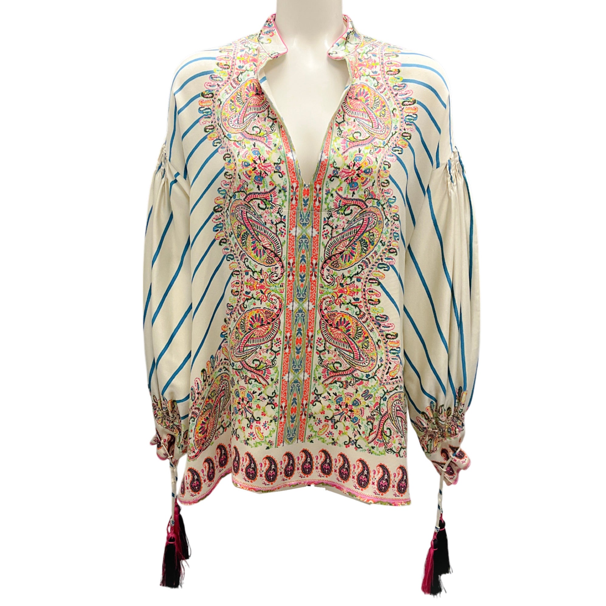 Etro Ivory Multi Paisley Printed Tassel Detail Silk Blouse