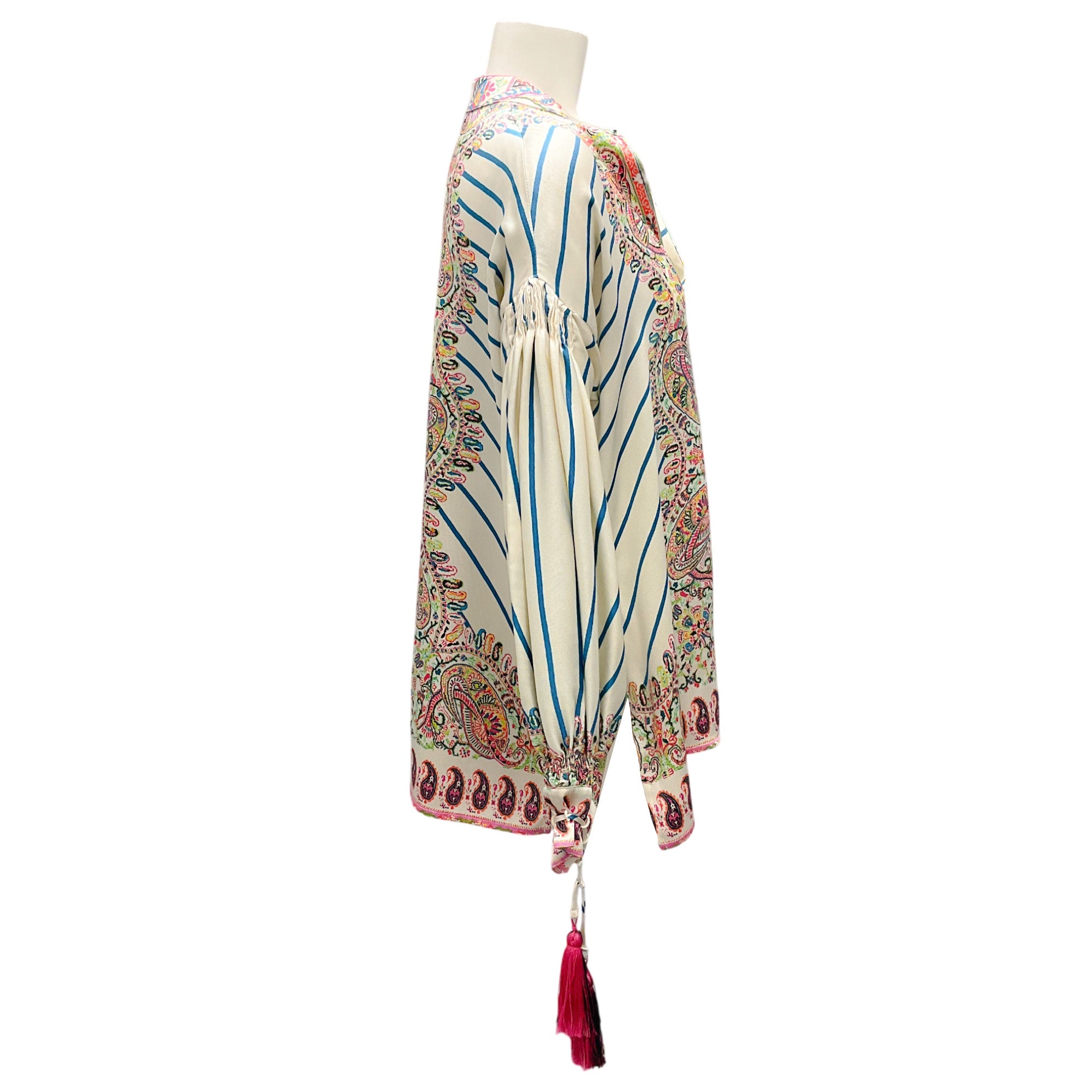 Etro Ivory Multi Paisley Printed Tassel Detail Silk Blouse