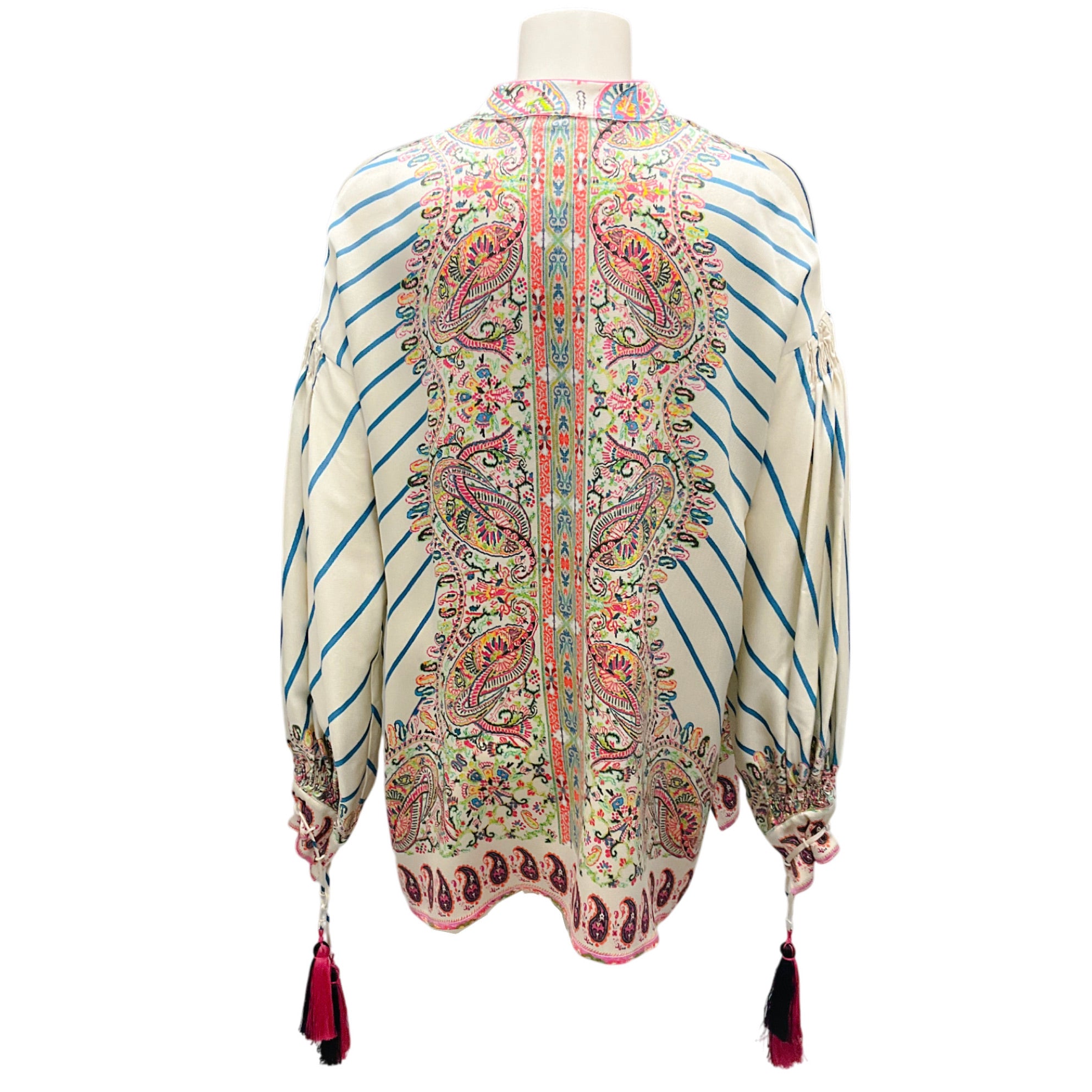 Etro Ivory Multi Paisley Printed Tassel Detail Silk Blouse