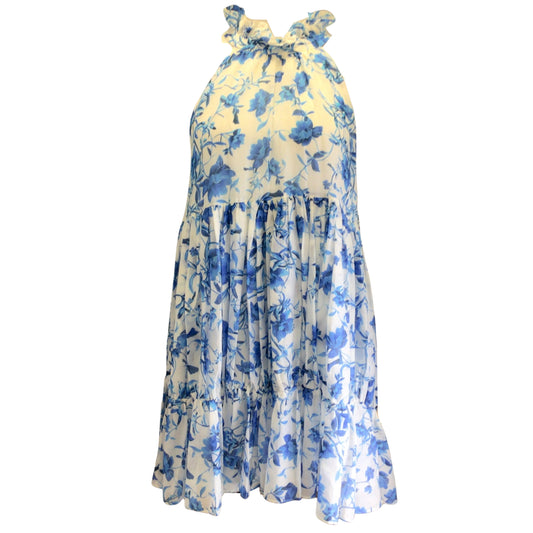 Borgo de Nor White / Blue Maggie Voile Tour de Jour Floral Printed Sleeveless Cotton Dress