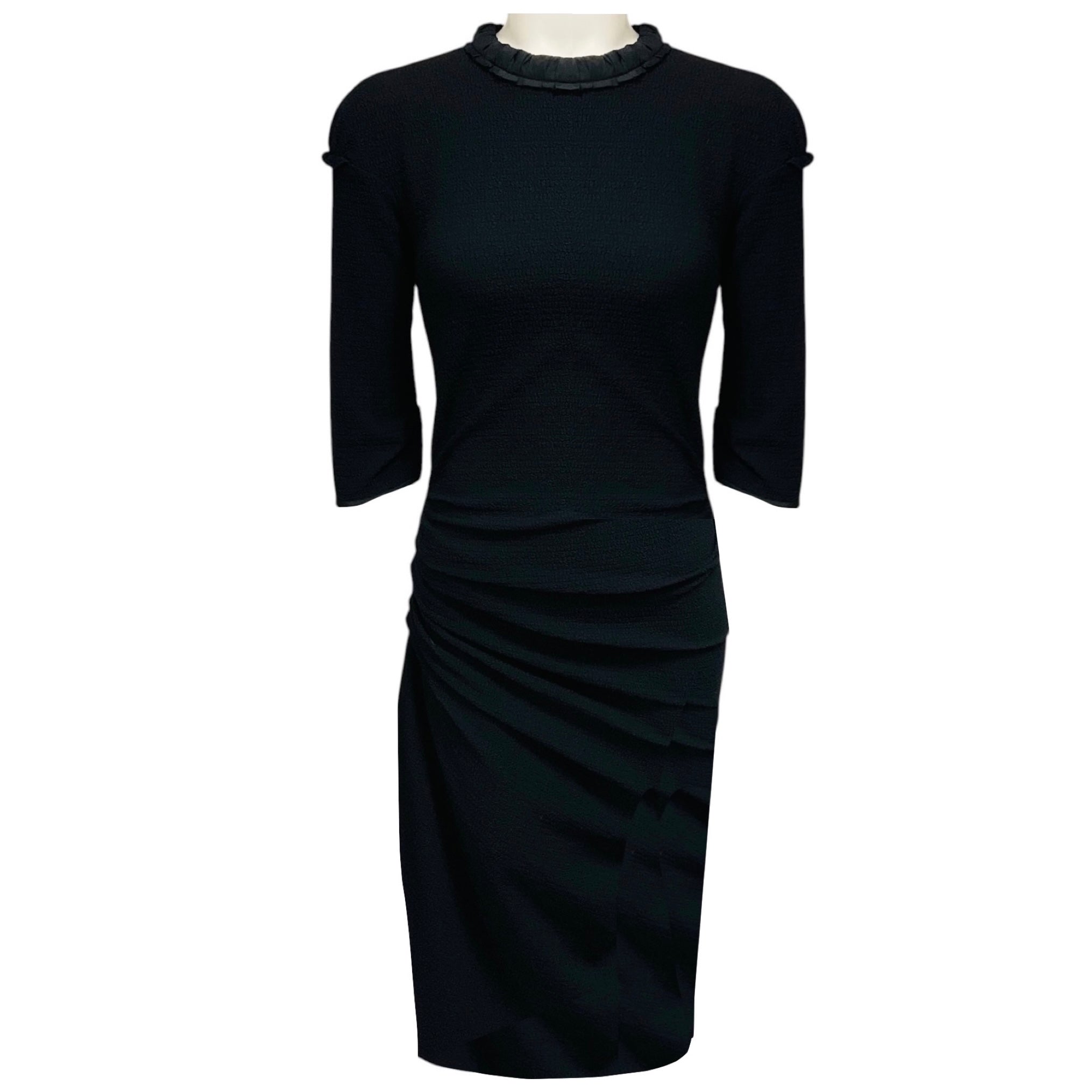 Nina Ricci Black Puckered Cotton Pique Midi Dress with Silk Collar