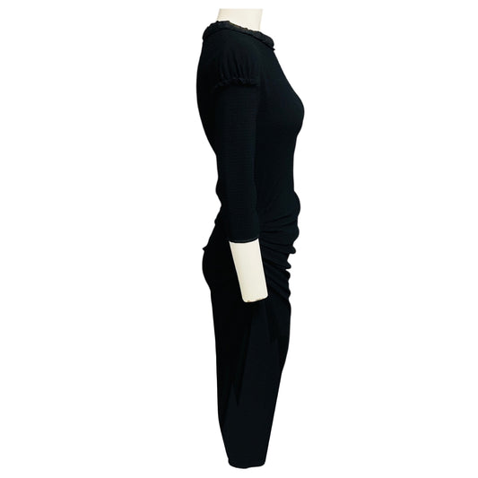 Nina Ricci Black Puckered Cotton Pique Midi Dress with Silk Collar