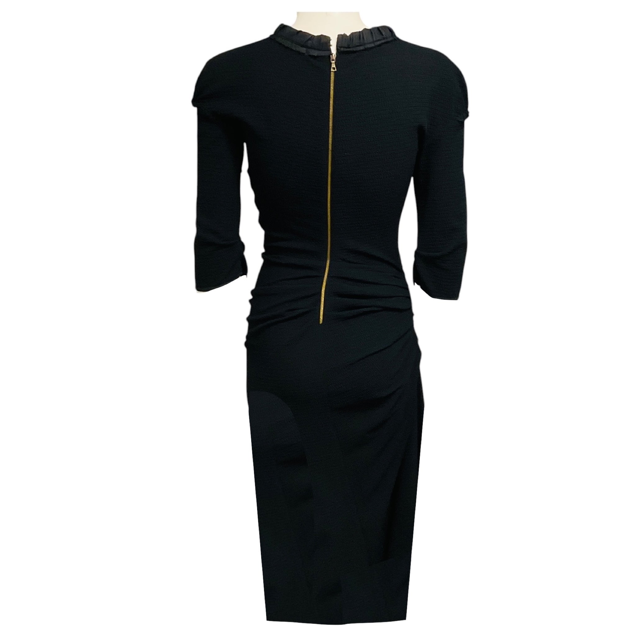 Nina Ricci Black Puckered Cotton Pique Midi Dress with Silk Collar