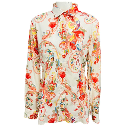 Etro White / Coral Multi Paisley Printed Button Front Cotton Stretch Blouse