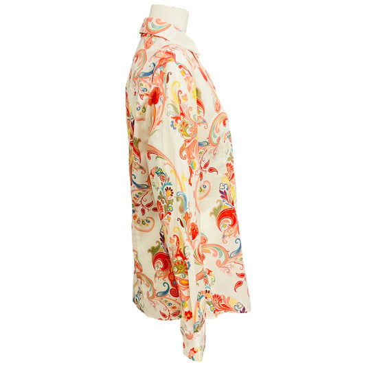 Etro White / Coral Multi Paisley Printed Button Front Cotton Stretch Blouse