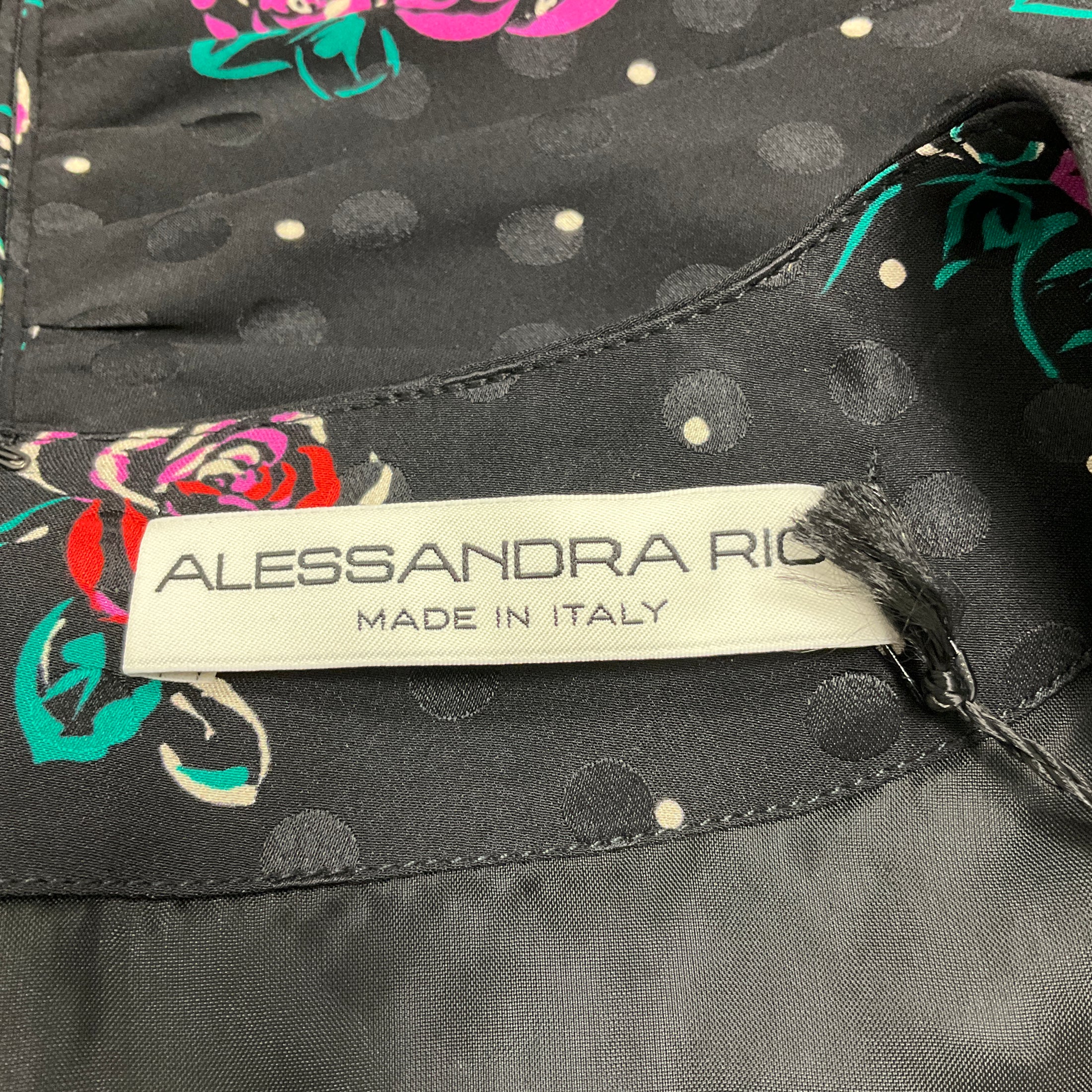 Alessandra Rich Black Multi Rose Print Silk Jacquard Mini Dress with Bow