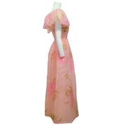 Richilene Pink Vintage Flutter Sleeve Floral Dress with Gold Stitching