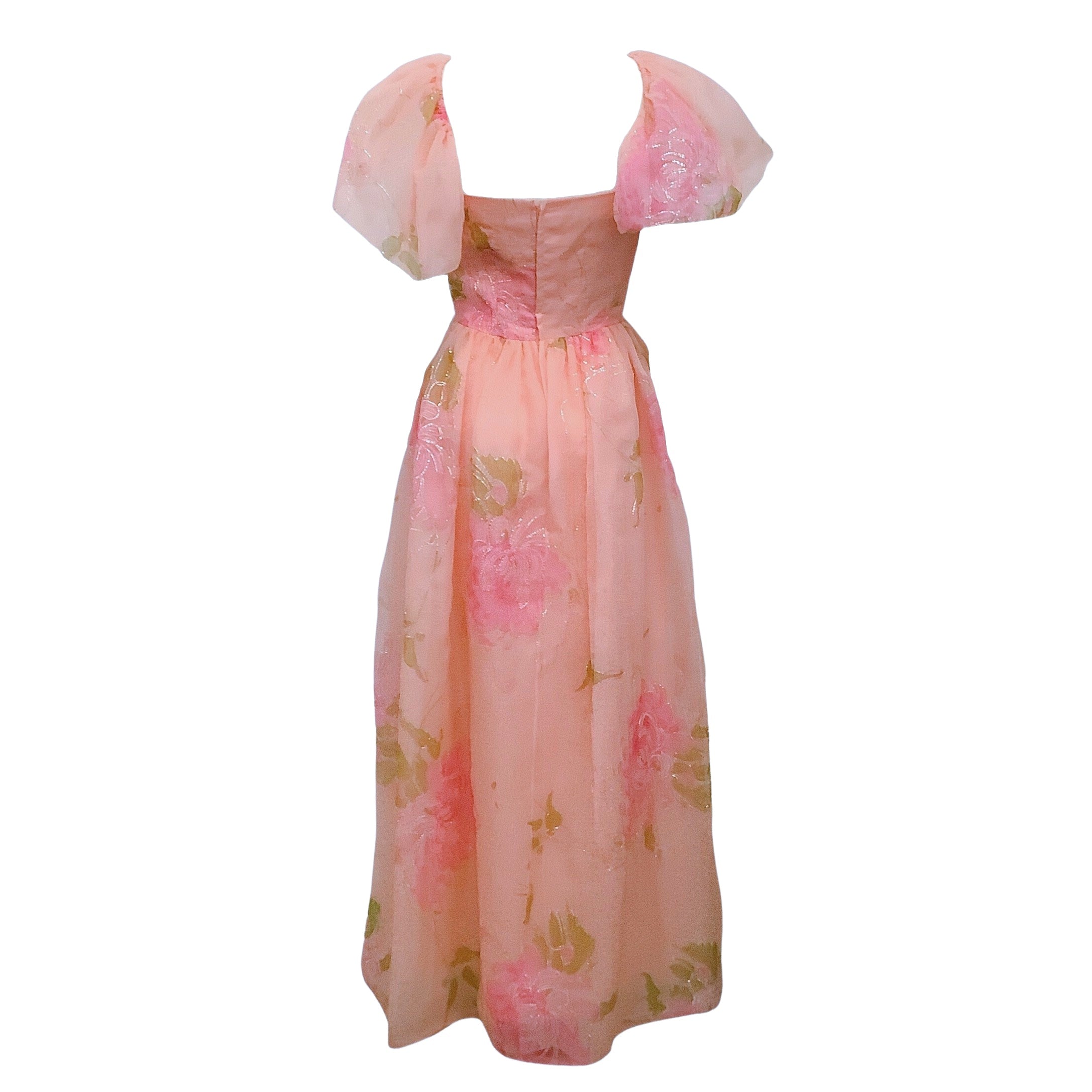 Richilene Pink Vintage Flutter Sleeve Floral Dress with Gold Stitching