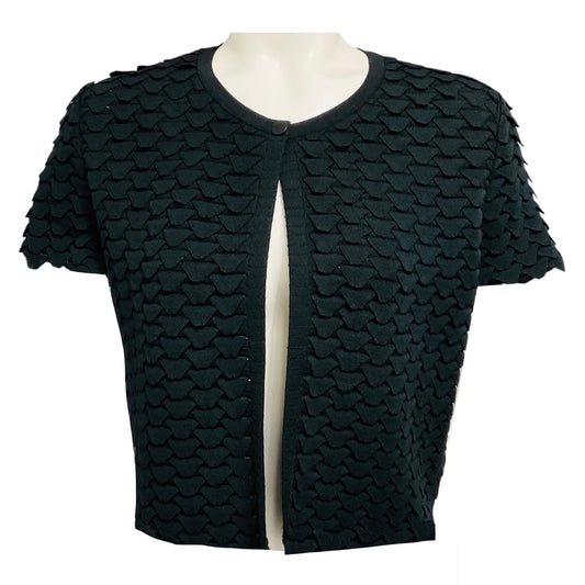 Alaia Black Scalloped Cropped Short Sleeved Stretch Knit One Button Cardigan Sweater 