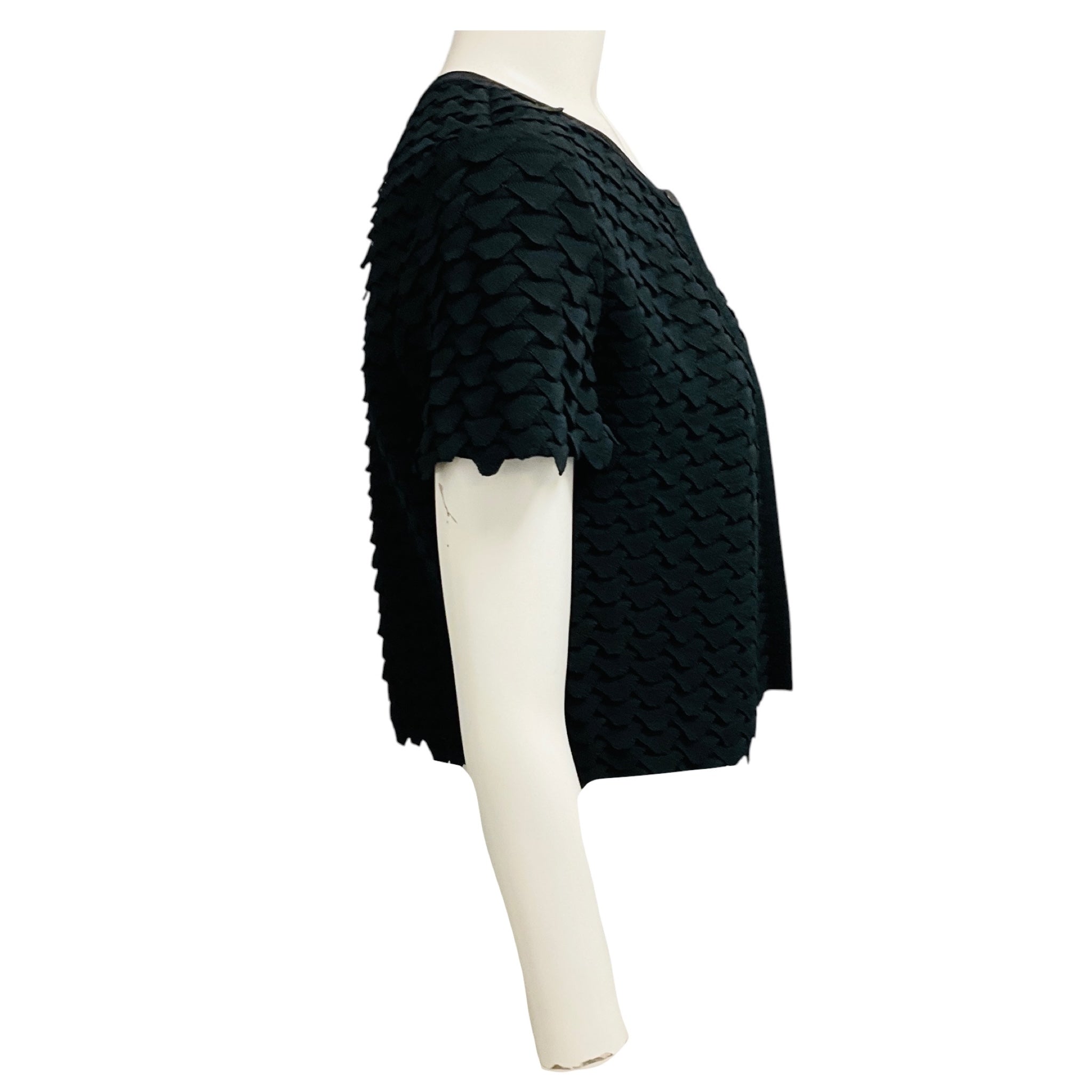 Alaia Black Scalloped Cropped Short Sleeved Stretch Knit One Button Cardigan Sweater