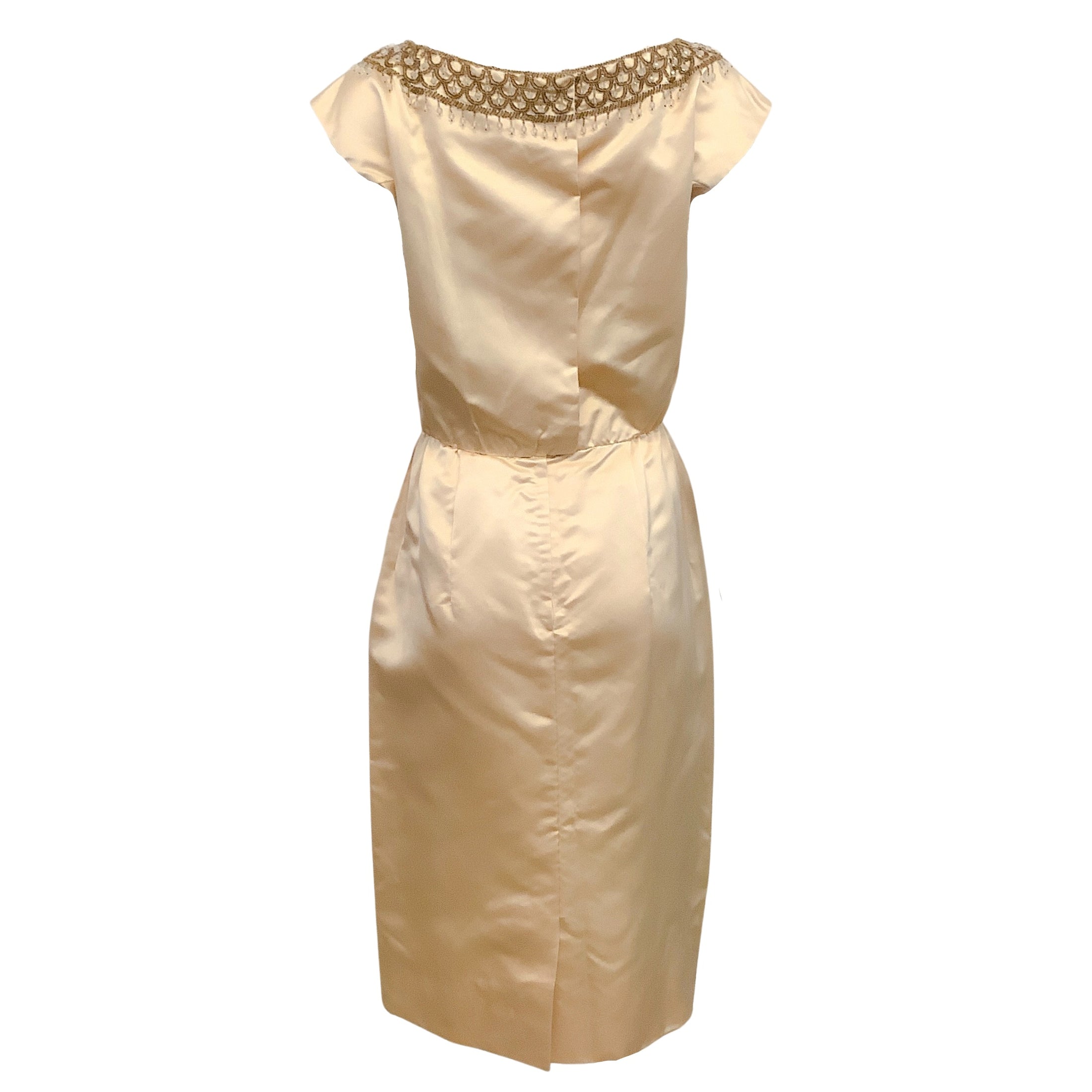 Lillie Rubin Champagne Silk Vintage Dress with Beaded Neckline