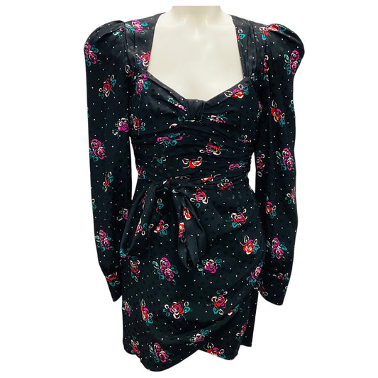 Alessandra Rich Black Multi Rose Print Silk Jacquard Mini Dress with Bow