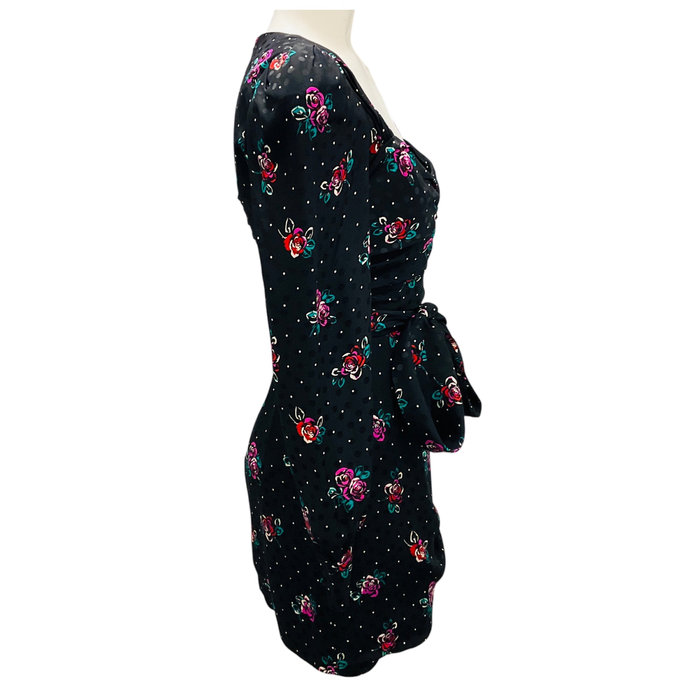 Alessandra Rich Black Multi Rose Print Silk Jacquard Mini Dress with Bow