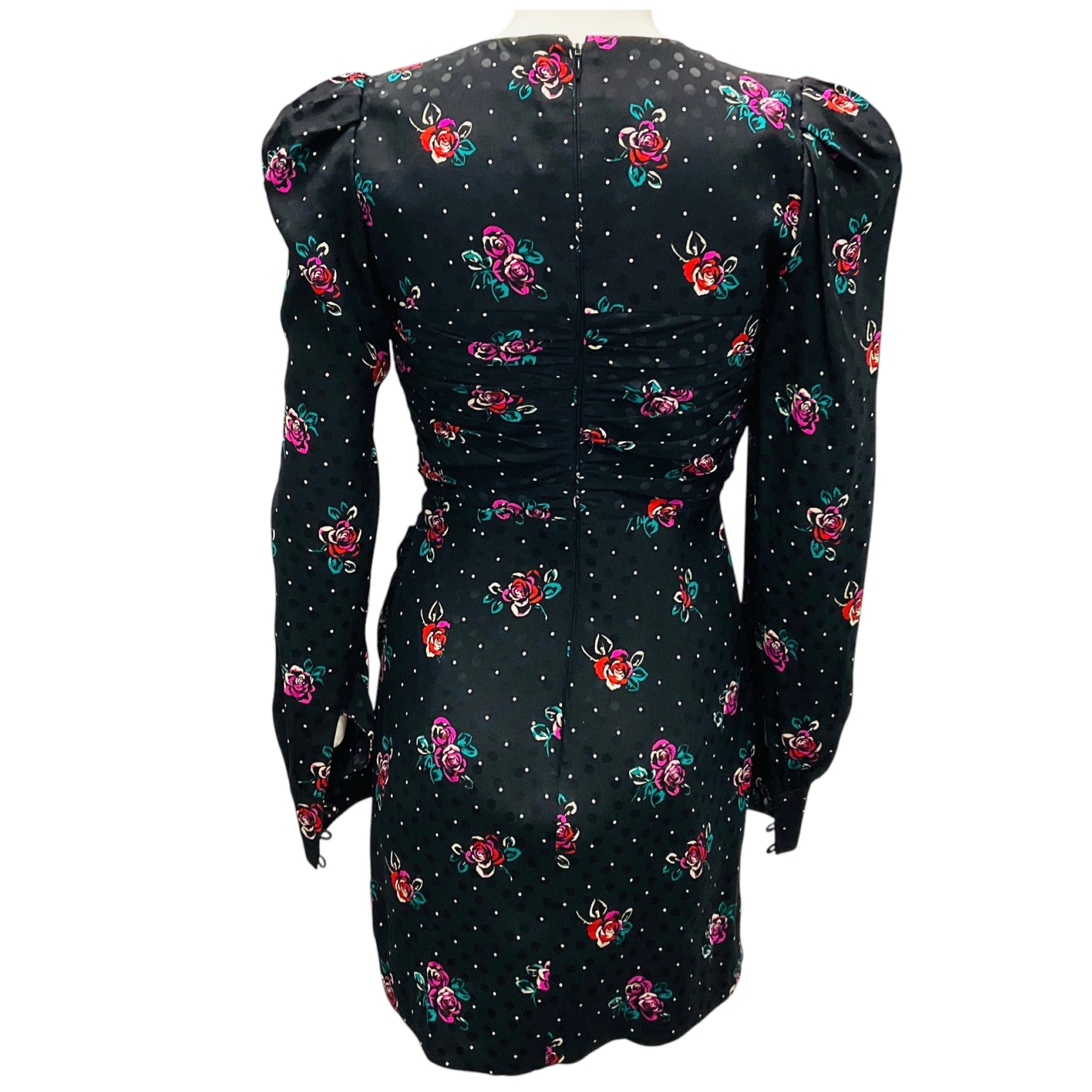 Alessandra Rich Black Multi Rose Print Silk Jacquard Mini Dress with Bow