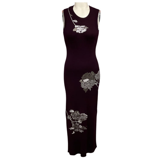 Prabal Gurung Grape Wine / Gunmetal Embroidered Sleeveless Knit Midi Dress