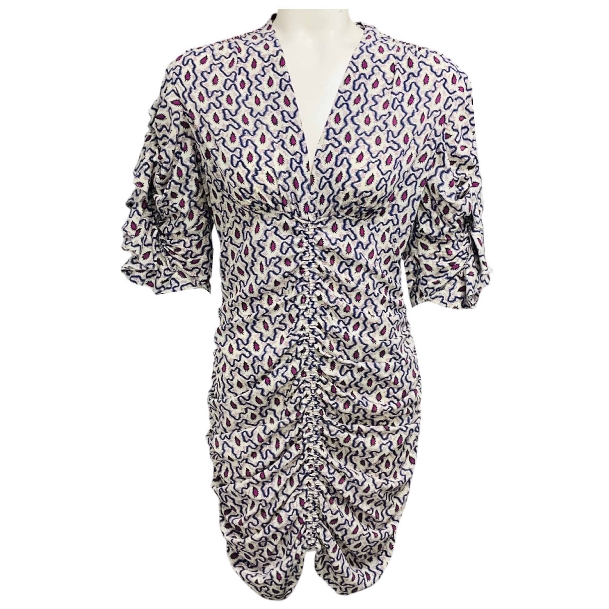 Isabel Marant Blue Multi Andor Silk Crepe Paisley Gathered Mini Dress