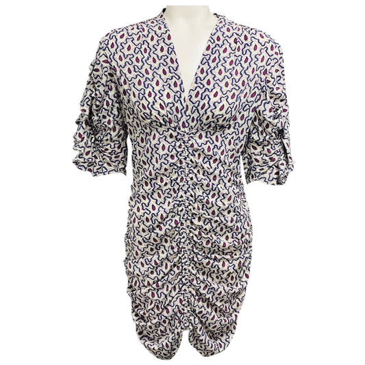 Isabel Marant Blue Multi Andor Silk Crepe Paisley Gathered Mini Dress
