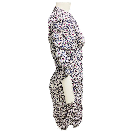 Isabel Marant Blue Multi Andor Silk Crepe Paisley Gathered Mini Dress