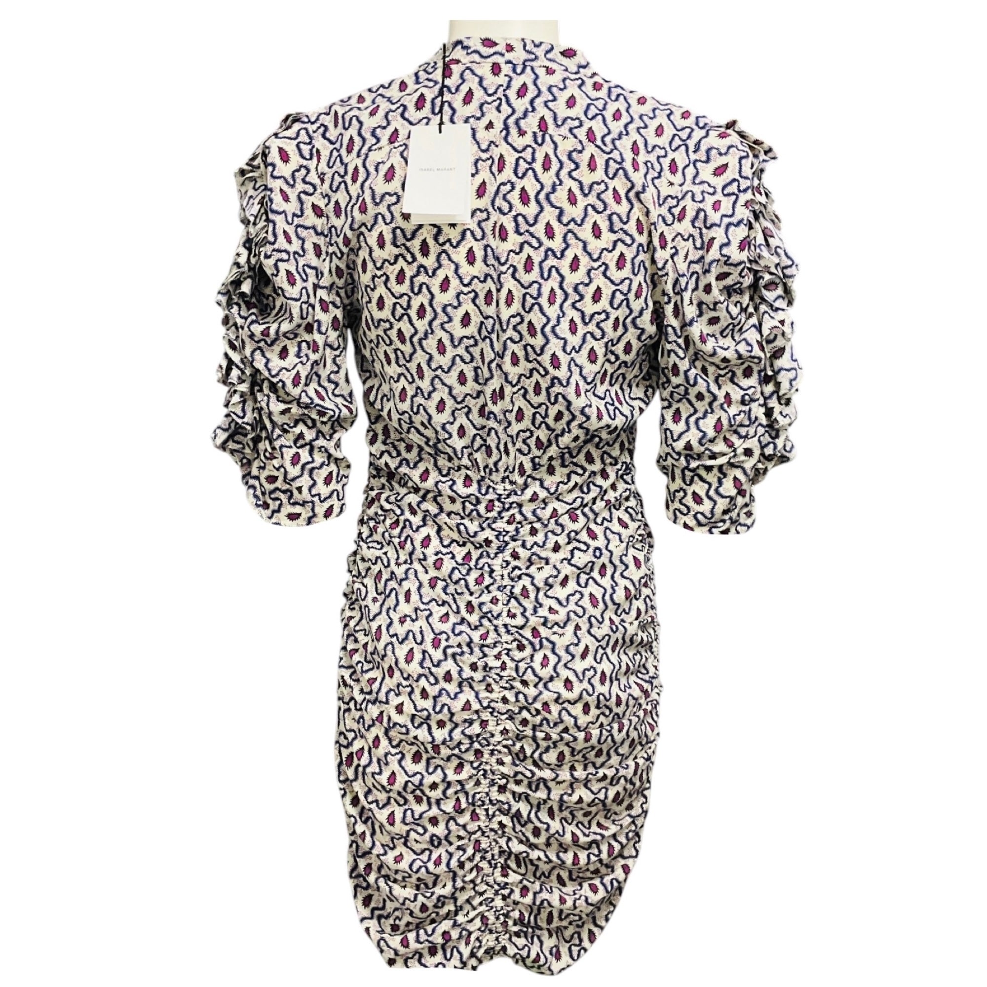Isabel Marant Blue Multi Andor Silk Crepe Paisley Gathered Mini Dress