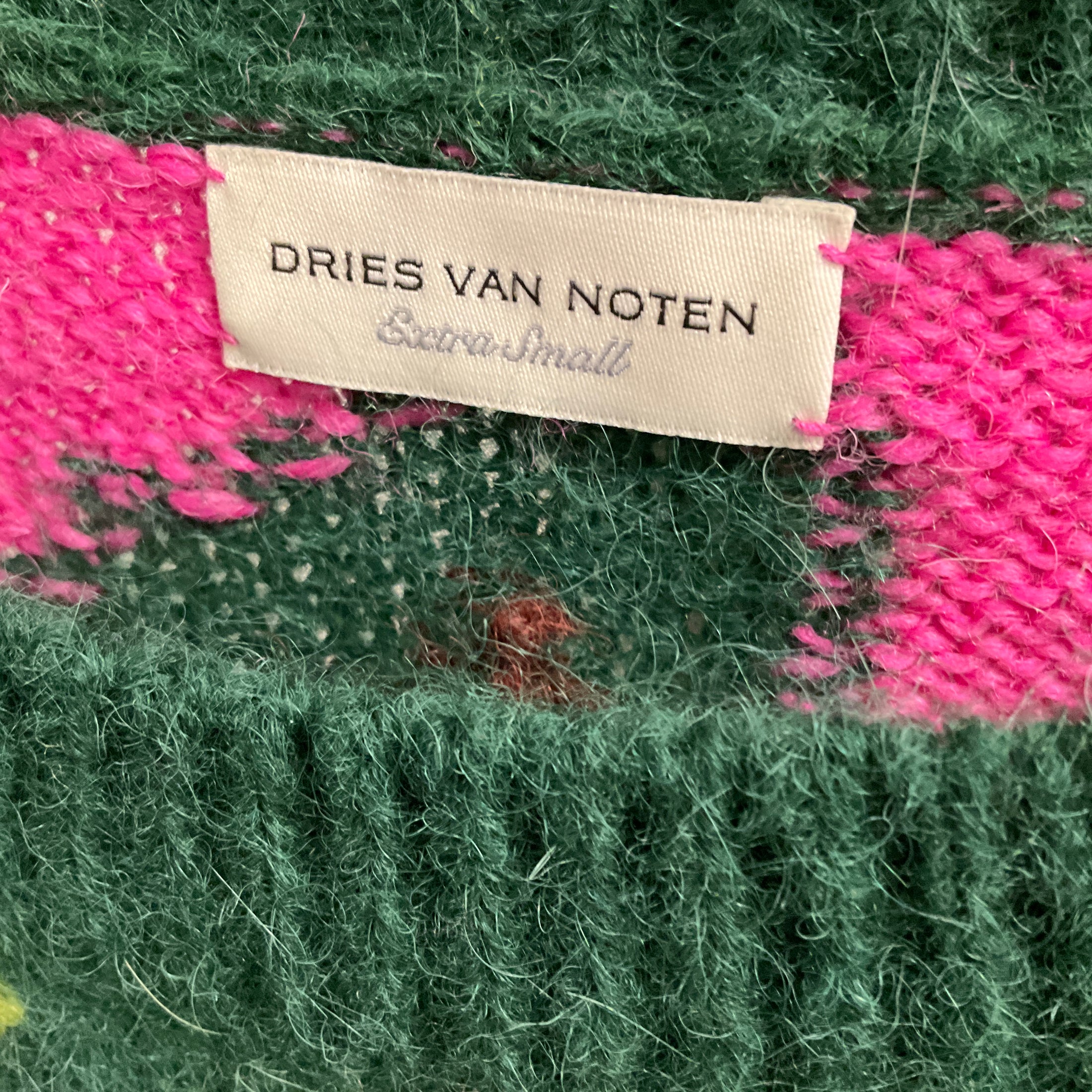 Dries Van Noten Green / Lime Green / Pink Multi Wool and Alpaca Knit Pullover Sweater