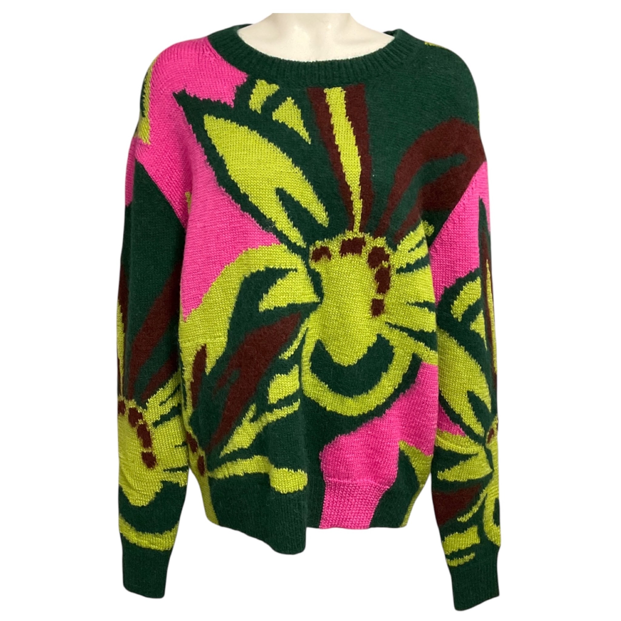 Dries Van Noten Green / Lime Green / Pink Multi Wool and Alpaca Knit Pullover Sweater